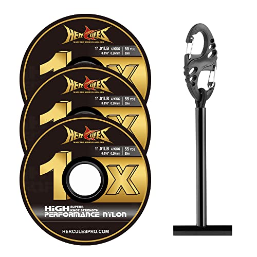 HERCULES Fly Fishing Tippet 3 Pack with Fly Tippet Holder, 55 Yards - color: Clear nylon tippet 3pcs with tippet bar, size: 1X - 11.01LB - 55YDS