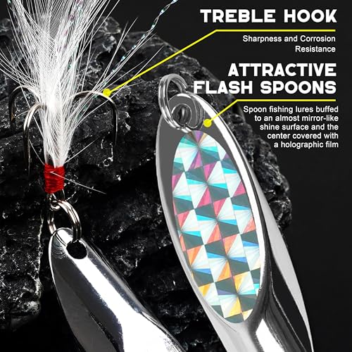 Fishing Spoon Lures, Hard Metal Spoon Fishing Lures Casting Trout Spoons with Treble Hook Jigging Spoon Bait for Bass Pike Trout Walleye Salmon Saltwater Freshwater - size: 28g(1oz)-5pcs, style: With Feather