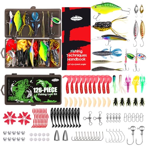 FONMANG Fishing Lures - Tackle Box with Tackle Included, Fishing Kit with VIBs, Frogs, Minnows, Soft Baits, Hooks & Weights Accessories, Freshwater Lure Kit for Bass Walleye Trout - color: F1-126pcs All-in-One