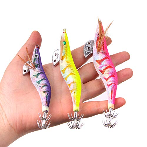 10pcs Squid Jigs Saltwater Fishing Lures Glow Squid Jigs Luminous Shrimp Prawn Artificial Baits 3D Fluorescent Squid Jig Hooks Tackle for Cuttlefish Octopus Fishing Size 2.5 3 3.5 - size: 3.5#