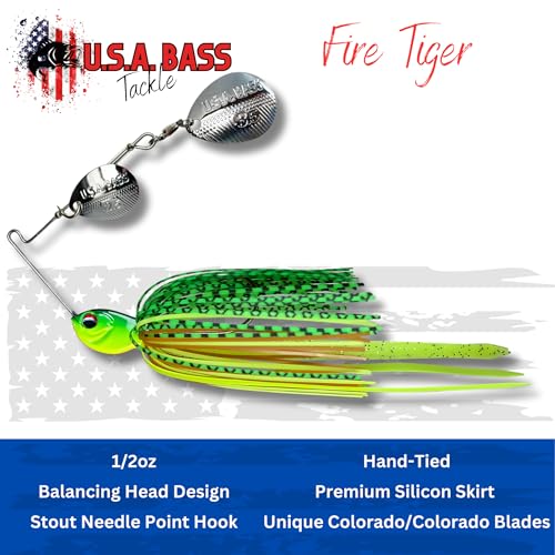 USA BASS Tackle Apache Attack Spinnerbait Type II Largemouth Smallmouth Spotted Bass Premium Fishing Bait Handtied Skirt Custom Blades Heavy Duty Hook New for 2025 - color: Fire Tiger, size: 1/2oz - Colorado/Colorado