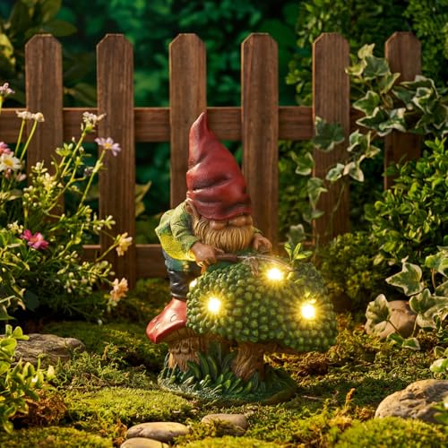 EXYGLO Solar Gnome Garden Statue Decor, 7.4" Gnome Gardener Outdoor Funny Decoration for Lawn, Patio, Yard, and Unique Housewarming, Birthday Ornament Gift for Mother, Friend, Family - style: Gardener Gnome