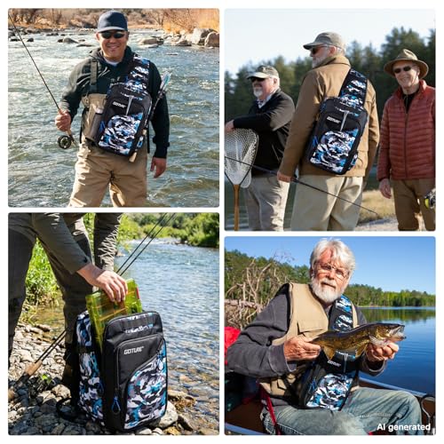 Goture Camouflage Fishing Tackle Bag, 1680D Water-Resistant Sling Fishing Backpack with Rod Holder, Anti-Slip Waist Strap, Tackle Bag with 3 3600 Trays, Fishing Gifts for Men Saltwater Freshwater - color: Blue Camouflage, style: 1680d Double-strand Pu Bac