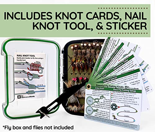 Fishing Nail Knot Tying Tool Combo: Knot Guide, Tool, and Fly Box Sticker | Fishing knot tool kit with waterproof cards, fly knot tying tool & hook cleaner, fly box sticker. Great gift for fisherman.