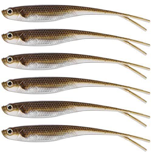 Dr.Fish Soft Plastic Baits, Fork Tail Soft Jerkbait Minnow Lures, 3 to 4-3/4 Inches Soft Swimbaits Jerk Shad Baits Crappie Bass Fishing Lures - color: Brown, size: 4"-5 Pack