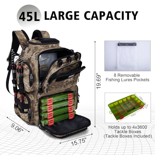 Goture Fishing Backpack with 4 Tackle Boxes,900D Water-Resistant Tackle Backpack with Rod Holders,SBS Zippers,45L Large Tackle Storage Gear Bag with Rain Cover,Bottle Holder for Travel Camping Hiking - color: A1:18# Camo, size: Include 4 Tackle Boxes