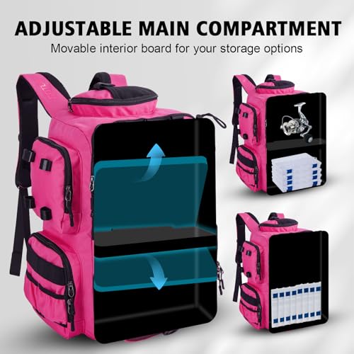 Goture Fishing Backpack,900D Water-Resistant Tackle Backpack with Rod Holders,45L Large Fishing Bag Storage Gear Tackle Bag with Rain Cover,Bottle Holder for Travel Camping Hiking(Without Tackle Box) - color: 45L Pink with Bottle Holder