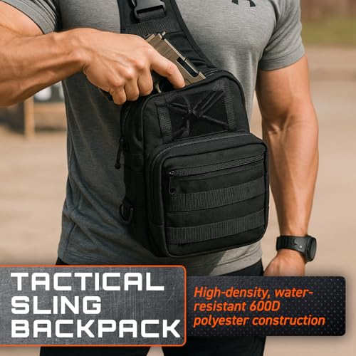 GunZee Tactical Sling Backpack, MOLLE-Compatible Sling Bag for EDC, Travel, Camping, Hiking, Hunting, Fishing, and Tactical or Military Use, Multiple Compartments, Concealed Carry and Range Bag
