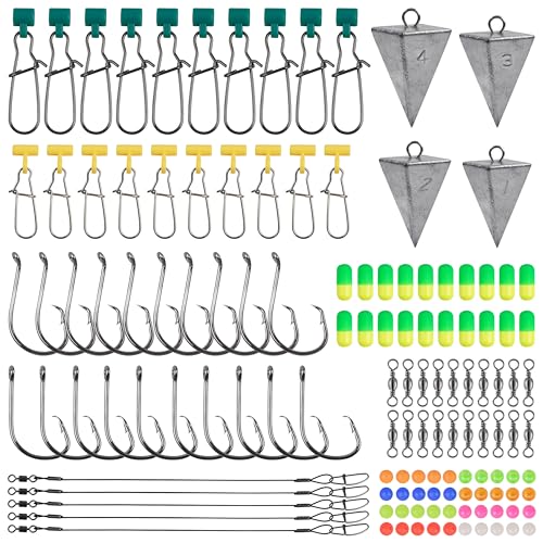 129pcs Surf Fishing Tackle Kit Fish Finder Rig Surf Fishing Rigs Include Pyramid Sinker Weights Sinker Slider Wire Leaders Hooks Swivels Beads Foam Floats Saltwater Fishing Accessories