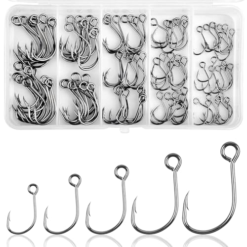 Inline Single Hooks Kits,50/100 Pieces Single Replacement Hooks for Lure Plugs Baits High Carbon Steel Inline Circle Hooks Large Eyes Saltwater&Freshwater - color: 100pcs Kit