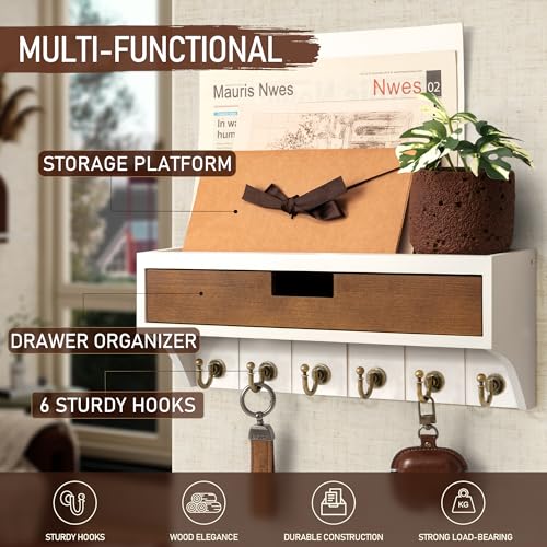 Rebee Vision Farmhouse Pine Wood Key Holder Wall Mount with Drawer Organizer – Decorative Mail Organizer with 6 Key Hooks & Wall Shelf – Home Organization and Room Decor (White & Retro Brown) - color: White & Brown, style: 1-Drawer