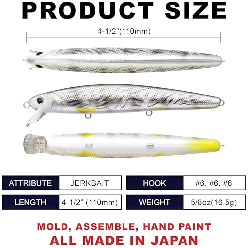 LUCKY CRAFT FlashMinnow 110, Super Glow Series, Saltwater Fishing Lures, Jerkbait Surf Fishing Accessories and Gear, 1-2 ft Slow Suspending Topwater Lure, Halibut and Bass Fishing Lures - color: 110 Aurora Baby Croaker
