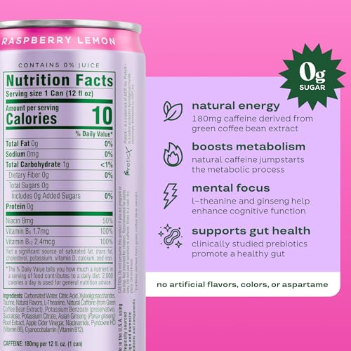 Bloom Nutrition Sparkling Energy Drink for Focus, Natural Caffeine, Zero Sugar, 180mg Caffeine, Antioxidant-Rich with Green Coffee Bean, Green Tea Extract, & Prebiotics, Raspberry Lemon 12oz 12 Pack - size: 12 Fl Oz (Pack of 12)