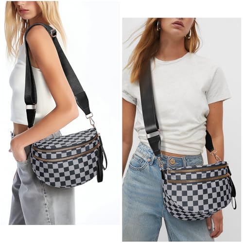 Checkered Crossbody Bum Bags for Women Nylon Checkered Purse Checkerboard Fanny Pack - color: A06-black Gray