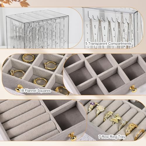 Greenfeather Jewelry Organizers and Storage, Clear Acrylic Jewelry Box with 40 Necklace Hooks 120 Pairs of Earring Holes 2 Velvet-Lined Drawers for Rings Necklaces Earrings - color: Gray-Style A