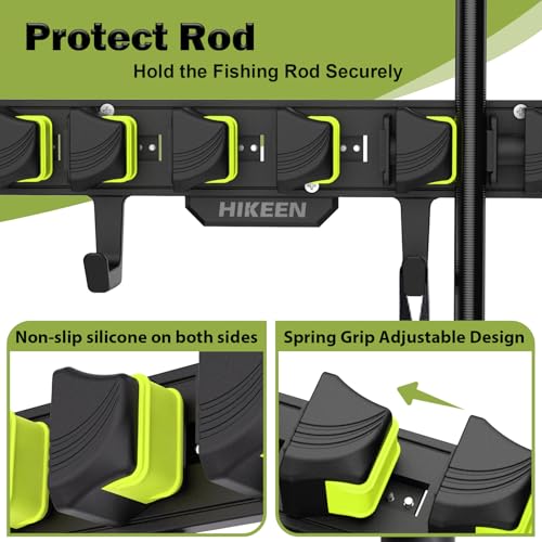 Fishing Rod Holders, Wall Mounted Fishing Rod Rack, Fishing Pole Holder Holds Up to 8 Rods or Combos, Fishing Rod Holders for Garage with 4 Hooks, Fits Most Rods of Diameter 3-24mm - style: Green-1Pack