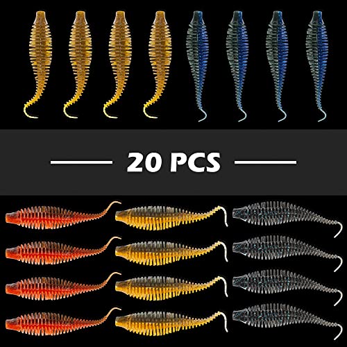 Soft Plastic Worm Fishing Lures Kit, Finesse TRD Stick Worms and Ned Rig Baits with Jig Heads for Bass Fishing, Freshwater Bass Soft Baits - color: 20pcs Plastic Worms, size: 4.75"