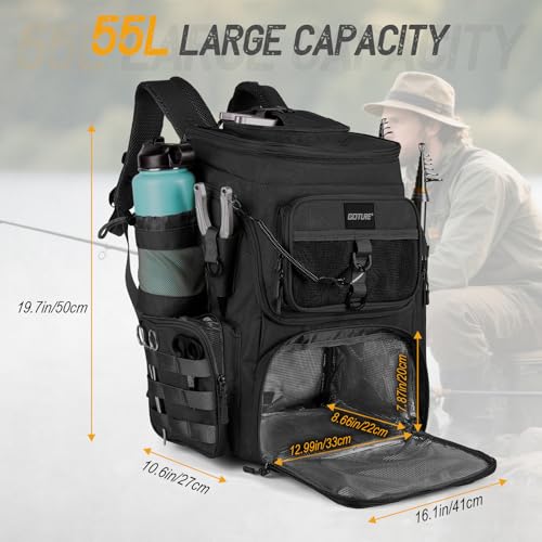 Goture Fishing Backpack, 900D Water-Resistant Tackle Bag with Rod Holders, Insulated Cooler Compartment, 55L Large Capacity Fishing Gear Storage for Saltwater&Freshwater Camping Hiking,Gifts for Men - color: A2:black(without Tackle Boxes)