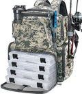 Piscifun Fishing Tackle Backpack with 2 Rod Holders, 4 Boxes & Rain Cover | Multi-pocket storage, fits 3600/3700 trays, bottle holder, padded straps for bank fishing - color: Digital Camouflage