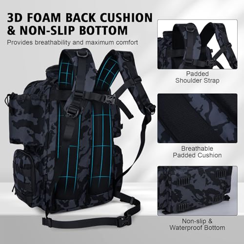 Goture Fishing Backpack,900D Water-Resistant Tackle Backpack with Rod Holders, SBS Zippers,45L Large Fishing Bag Storage Gear Tackle Bag with Rain Cover, Bottle Holder for Travel Camping Hiking - color: A1:60# Camo(Only Bag), size: Without Tackle Boxes
