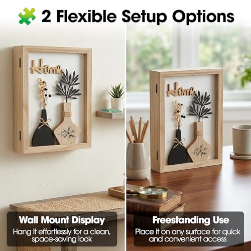 Hidden Key Holder for Wall - Wooden Key Box Wall Mount Decorative Cabinet with 6 Hooks, Rustic Beige Wood Keychain Organizer, Access Card Hangers Rack Storage for Home Entryway Hallway Office Decor