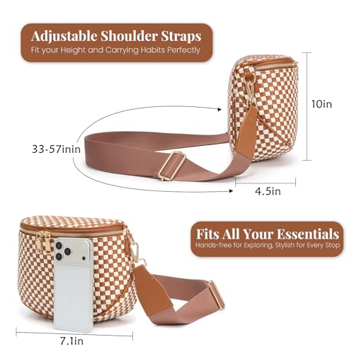 Woven Vegan leather Crossbody Bags For Women, Checkered Fashion PU Bum Bag Waist Pack, Travel Sling Purse with Adjustable Strap（Brown and White) - color: Brown and White