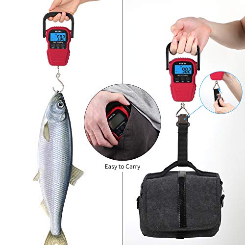 HEETA Fish Scale with Backlit LCD Display, Up to 110lb/50kg Digital Portable Hanging Fish Weight Scale with Hook & Measuring Tape for Home, Farm, Outdoor, Hunting, Fishing, 2 AAA Batteries Included - color: Red