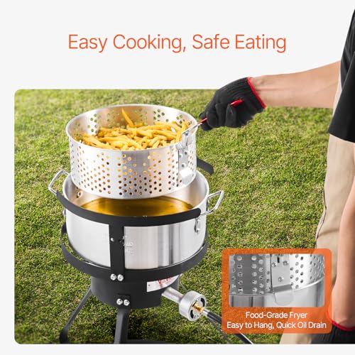 VEVOR 10 Qt Fish and Wing Fryer, Aluminum Propane Fish Fryer Kit, Outdoor Deep Fryer Seafood Pot with Thermometer, Strainer Basket, and 54,000 BTUs Propane Burners, for Outdoor and Backyard Cooking - style: 10-qt