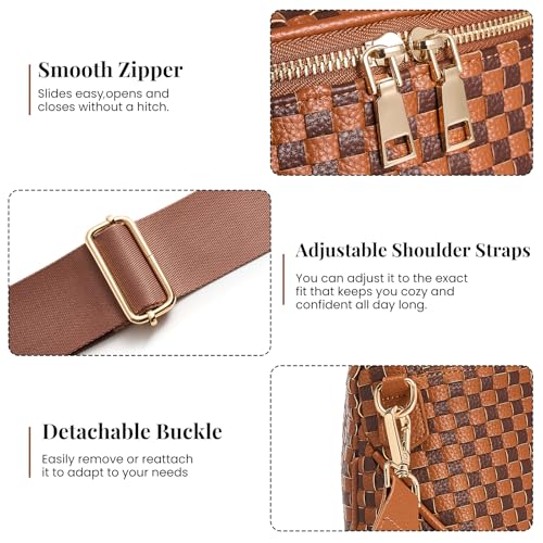 Woven Vegan leather Crossbody Bags For Women, Checkered Fashion PU Bum Bag Waist Pack, Travel Sling Purse with Adjustable Strap（Brown and Caramel) - color: Brown and Caramel