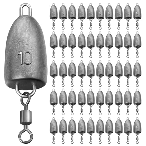 THKFISH Fishing Weights Sinkers, Bullet Fishing Sinkers with Swivel Rolling Slip Sinkers Sliding Weights for Bass Fishing Pitching and Flipping Texas Rigs Saltwater Freshwater Fishing, 3.5g-20g - size: 10g-50pcs