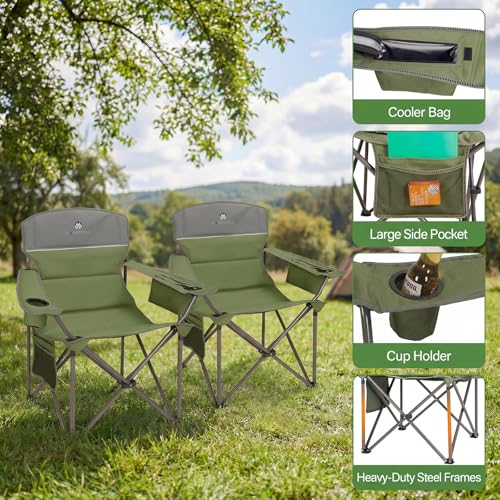 Oversized Camping Chairs 2 Pack - Heavy Duty 400LBS Padded Lawn Chair with Cooler Bag,Cup Holder,Side Pocket,Collapsible for Outdoor,Camp,Fishing & Garden,Olive Green - color: Olive Green