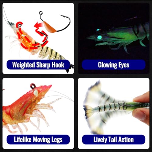 3Pcs Shrimp Fishing Lures for Saltwater and Freshwater Soft Bait Pre-Rigged Glow Eyes Lifelike Silicone Prawn Jig for Bass Trout Redfish Flounder Crappie Snook Walleye Fishing - color: 3.5 in 3pcs
