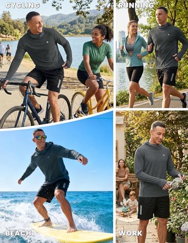 PINSPARK UPF 50+ Sun Protection Hoodie Men with Mask Quick Dry Long Sleeve Fishing Hiking Shirts UV Rash Guard Lightweight - color: Dark Grey, size: X-Large