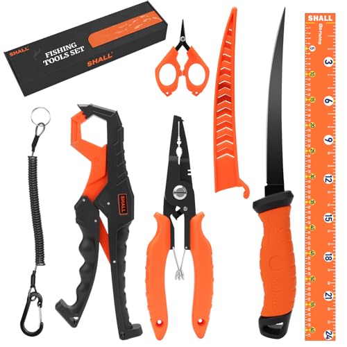 SHALL Fishing Tool Kit, Corrosion Resistant Fishing Gear and Equipment - Fishing Pliers, Fillet Knife, Fishing Scissors, Fish Lip Gripper, Fishing Ruler, Lanyard - Premium Fishing Tools for Men Women - style: 6-Piece Fishing Tool Kit