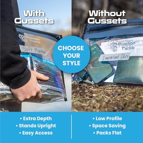 Reaction Tackle Waterproof Clear Tackle Bags, Dive Rated Zipper Submersion Proof Storage for Soft Plastics and Lures, Gusseted and Flat for Boats and Kayaks, 16x12 in Gusset, 2-Pack - size: 16x12 in Gusset, 2-Pack