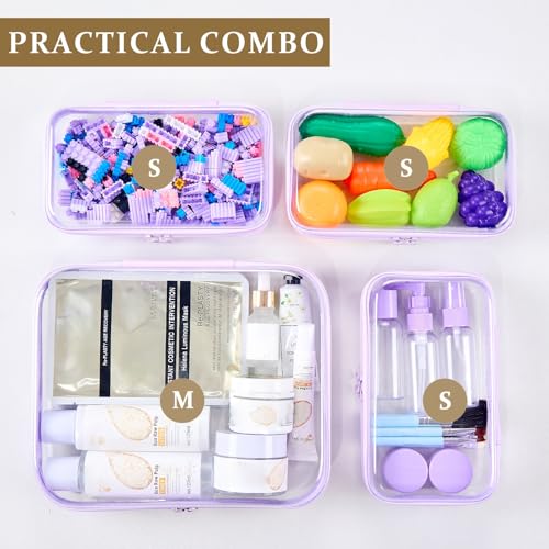 4 pcs Clear Zipper Pouches,Hard Shell Zipper Case, Toiletry Bag for Travel, CLear Diaper Bag, Toiletry Pouch, Travel Organizer, Cosmetic Bag,Toy Storage Bins (M+3S) (Lavender) - color: Lavender, size: M+3S