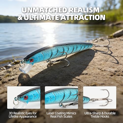 10Pcs Minnow Fishing Lures Set, Shallow Diver Jerkbait with Built-in Sonic Vibrations, Life-Like Bionic Swimbait with Sharp Treble Hooks for Bass, Trout, Walleye, Saltwater & Freshwater - size: 3 3/4inch, 1/4 oz