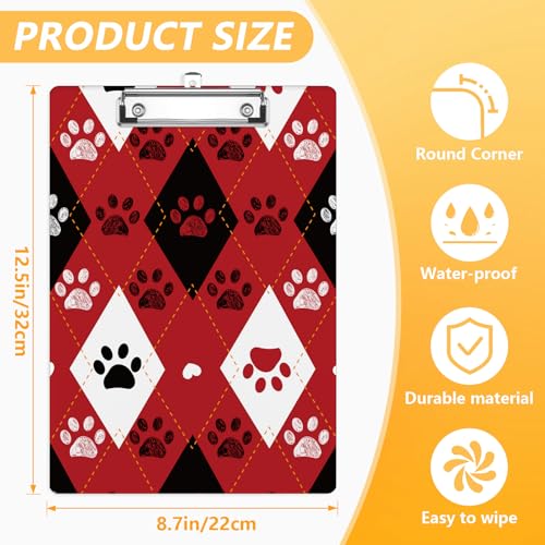 Black and Red Paw Prints Clipboard, Valentine's Plaid Pattern Decorative Clip Board with Metal Clip Cute Plastic Clipboards A4 Standard Size 8.5" x 12.5" for Nurses, Students, Office - color: Black Red Paw