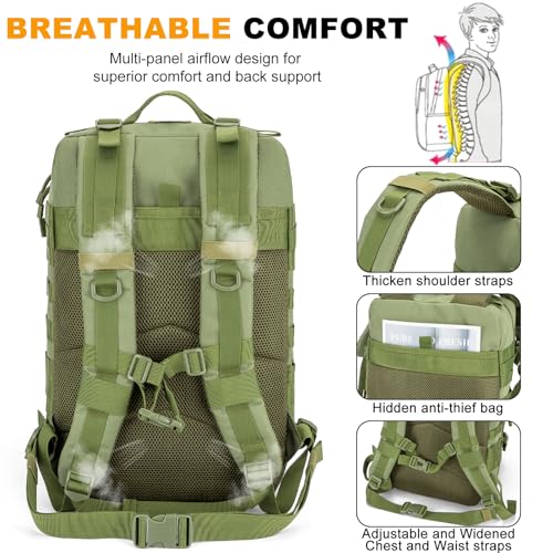 Tactical Backpack 45L Army Military Rucksack, Water Resistant MOLLE Pack, Large 3 Day Bug Out Bag for Men & Women, Durable Outdoor Gear for Hiking, Camping, Hunting, Travel(ArmyGreen) - color: Armygreen