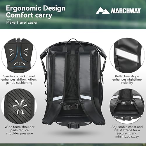 MARCHWAY Roll Top Waterproof Backpack, Floating Dry Bag 20L/30L/45L with Ergonomic Rectangular Base, Cushioned Back, Hip Strap for Hiking Camping Kayaking Travel (Black, 20L) - color: Black, size: 20L