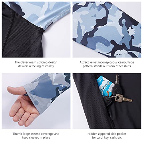 BASSDASH Men’s UPF 50 Performance Fishing Shirt Cooling Hoodie Camo Long Sleeve FS17M - color: Black / Blue Camo, size: Small