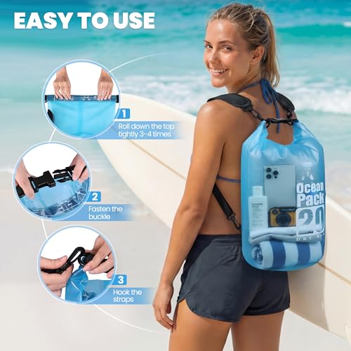TILYMOL Dry Bag Waterproof, Roll Top Small Waterproof Backpack 20L, Floating Lightweight Bag with Water Proof Phone Pouch for Kayaking, Paddle Boarding, Boating, Fishing, Swimming - color: Blue