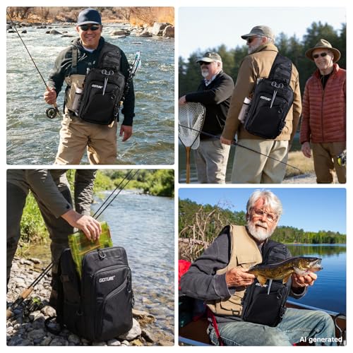 Goture Black Fishing Bag with Tackle Boxes, Crossbody Sling Tackle Backpack for Men, 20L Large Capacity Fits 3600 Trays, Durable Fishing Gear Storage, Best Fishing Gifts for Anglers - color: Black, style: 1680d Double-strand Pu Backpack + (3)3600 Trays