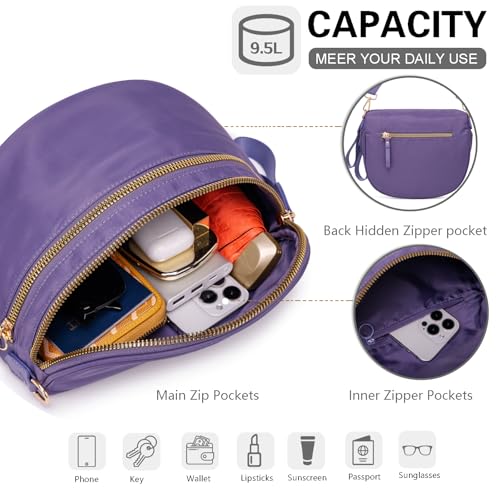Pure Colour Crossbody Bum Bags for Women Spacious Checkered Cross body Bag Nylon Trendy Fanny Pack for Travel - color: Cloudy Purple