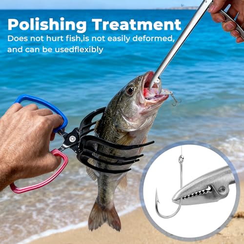 3 Packs Upgrade 2/3 Claw Fish Gripper with Stainless Steel Hook Remover, Metal Fishing Pliers Gripper Catch Control Clamp,Fish Grip Tackle Holder & Steel Dehooker for Freshwater and Saltwater Fishing