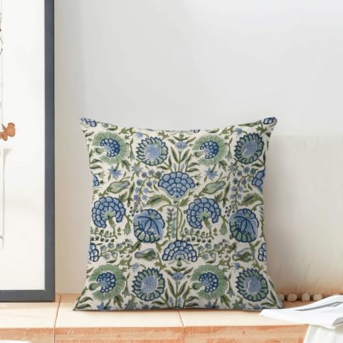 Vintage Boho Pillow Covers 16x16 Set of 2, Navy Blue Sage Green Floral Decor Decorative Throw Pillows Farmhouse Linen Summer Outdoor Cushion Case for Home Couch Sofa Decor - color: Outdoor Flower3, size: 16" x 16" (Pack of 1)