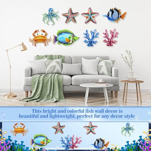 Tandefio 8 Pcs Metal Wall Decor Wall Art Hanging Decorations Outdoor Indoor Sculptures for Garden Fence Pool Home Porch(Starfish, Coral, Octopus, Fish) - style: Starfish, Coral, Octopus, Fish