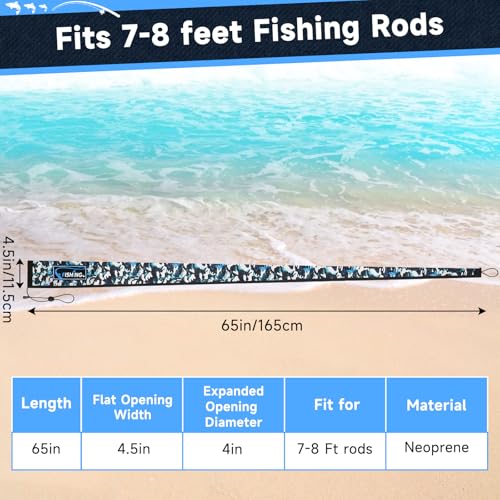 Neoprene Fishing Rod Sleeves for Casting, Spinning, Trolling Pole - Protective Cover Rod Sock with Hanging Loop & Lanyard- Floating, Puncture Resistant, Lightproof - size: 65", style: 5 Pcs