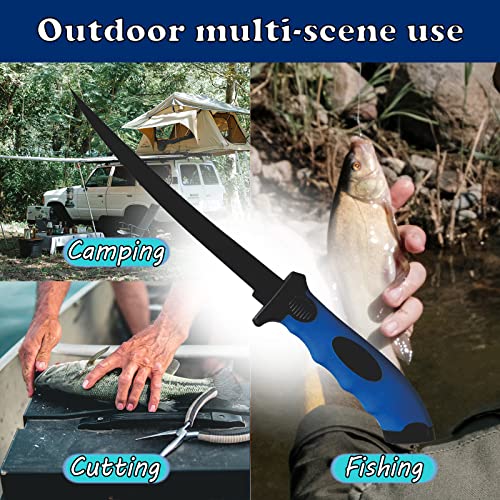 Fish Fillet Knife, 7 Inches Professional Fishing Fillet Knife Set Stainless Steel Blade in Corrosion Resistant Coating, with Sharpener and Cutting Resistant Gloves, for Fishing and Outdoor, Blue - color: Blue