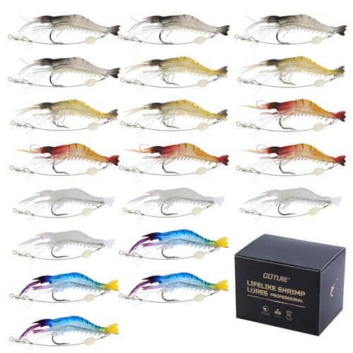 Goture Soft Shrimp Lures Fishing Saltwater Luminous Shrimp Bait Set Fishing Lures with Sharp Hooks for Freshwater Saltwater Trout Bass Salmon Crappie Walleye Pike Perch - color: C:20pcs Shrimp Lures-3.54in/0.21oz